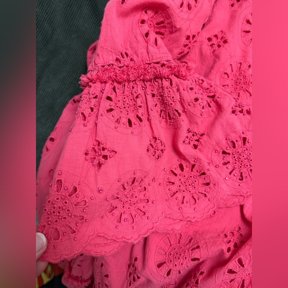 Anthropologie Eyelet Ruffle Dress with beaded sleeve and pockets - Picture 8 of 13